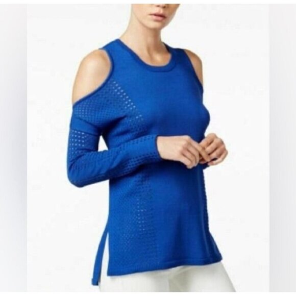 Bar III Womens Cold Shoulder Knit Sweater M Blue Viscose & Nylon - Picture 1 of 9
